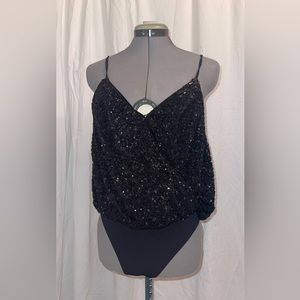 Black draped neck sequin bodysuit from Express